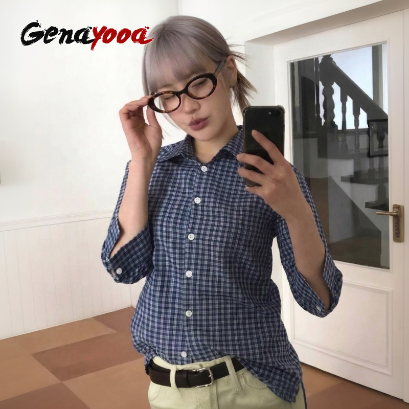 Street Fashion In Japan - Genayooa Y2k Ekose Gömlek Kadın Üç