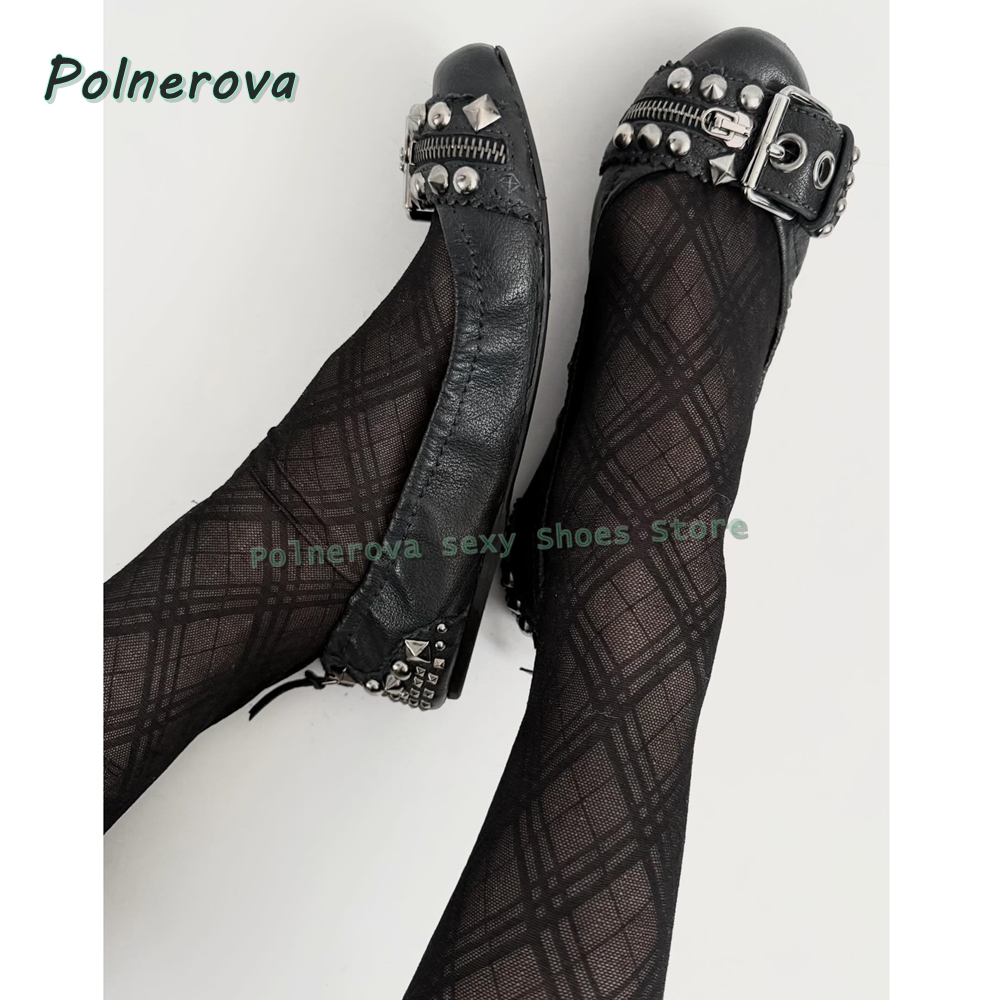 Street Fashion Shoes - Perçinli Tokalı Mary Jane Ayakkabılar Sivri