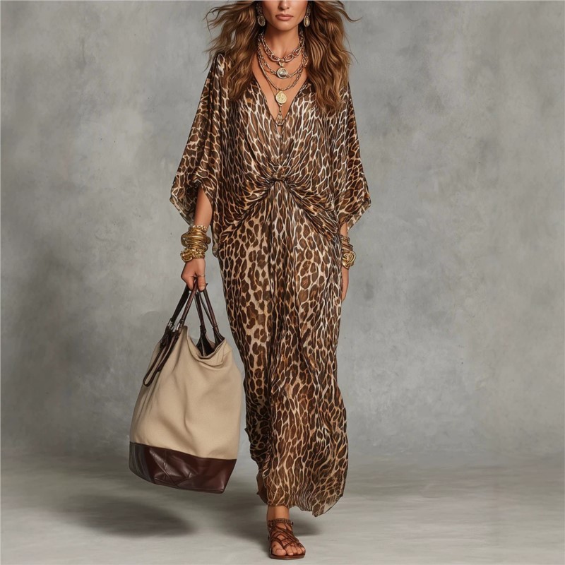 Italy Fashion Street - Moda Leopar Desenli Elbise Seksi Derin
