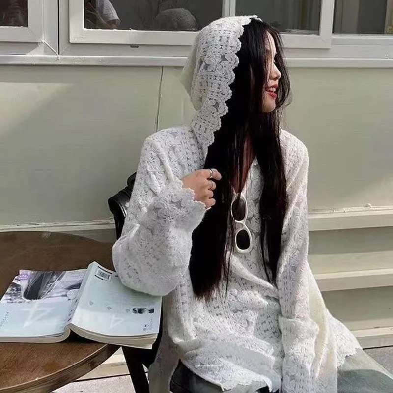 Street Fashion Korea - Y2K Dantel Kapşonlu Gömlek Kadın Streetwear
