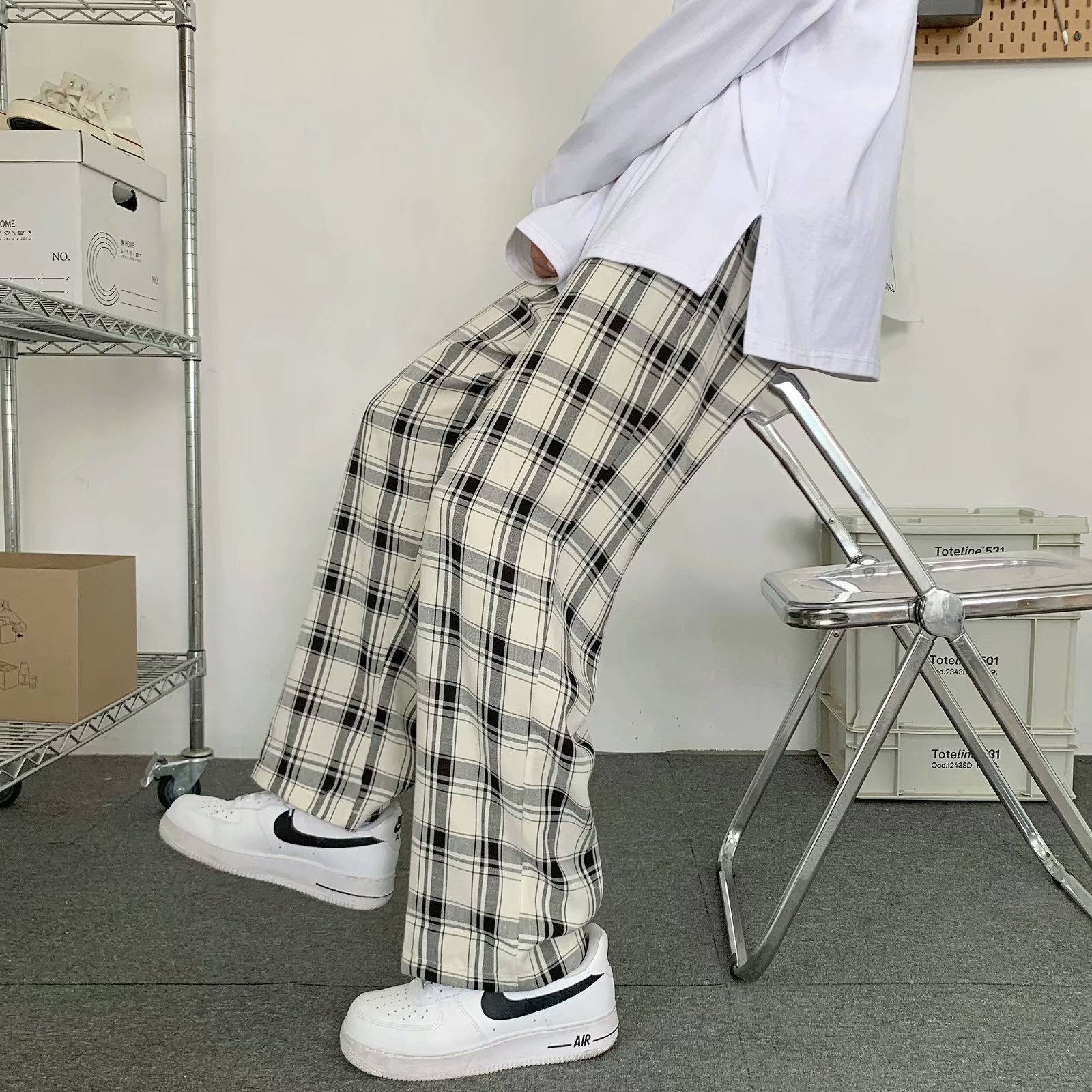Cargo Pant Wide - Erkek Ekose Pantolon Kore Stili Bol